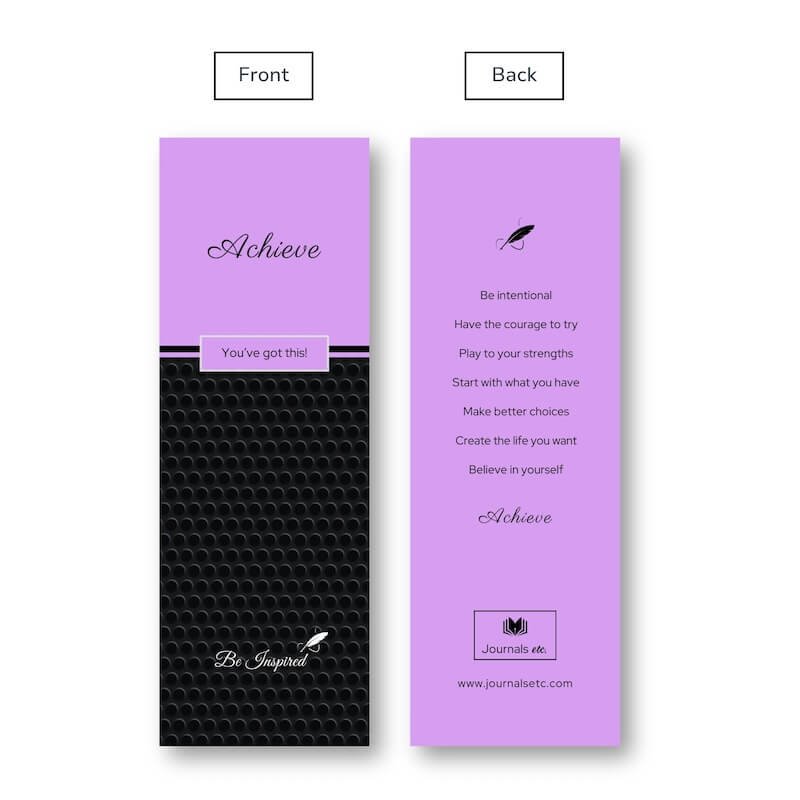 Matching bookmark to our Achieve-themed inspirational journal – front and back view