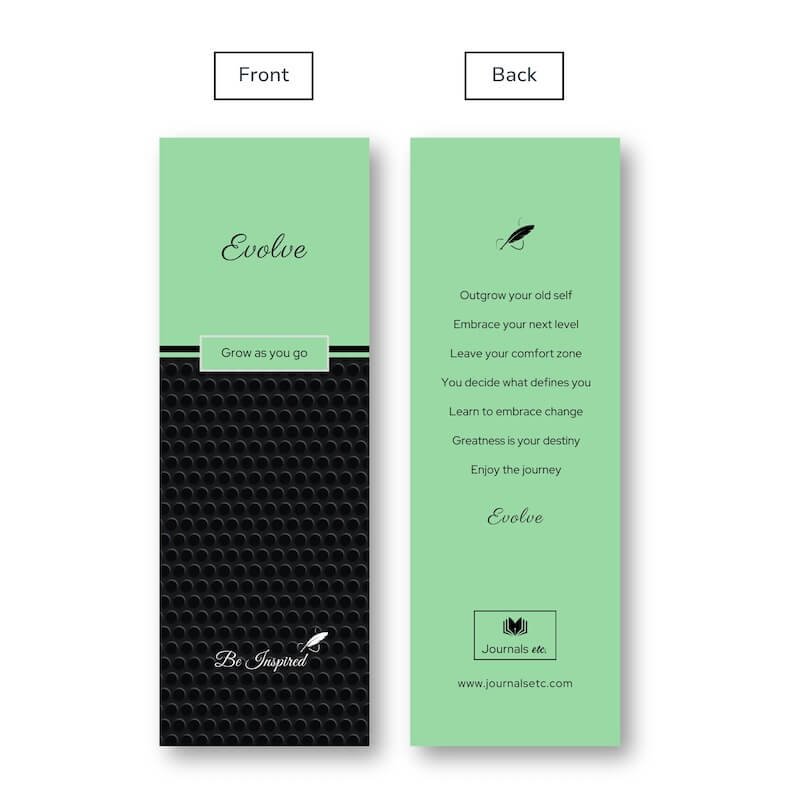 Matching bookmark to our Evolve-themed inspirational journal – front and back view.