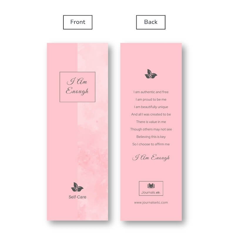 Matching bookmark to our I Am Enough self-care journal front and back view.