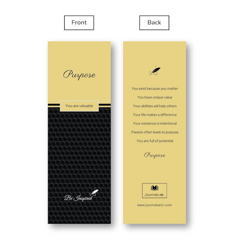 Matching bookmark to our Purpose-themed inspirational journal – front and back view.