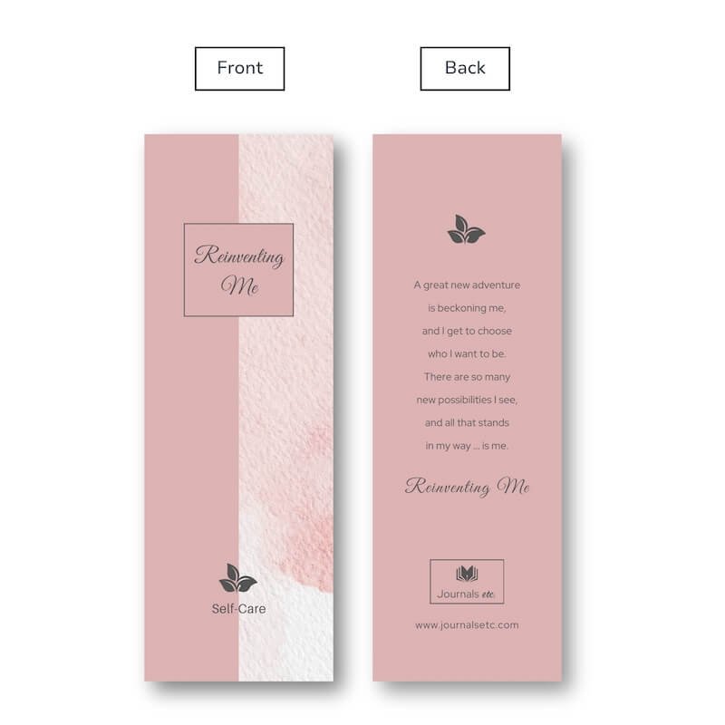 Matching bookmark to our Reinventing Me self-care journal front and back view.