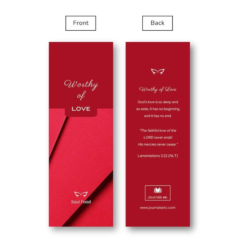 Matching bookmark for Worthy of Love Bible-themed journal – front and back view.