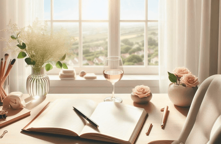 Cosy image of an open journal, pen, and various accessories on a desk